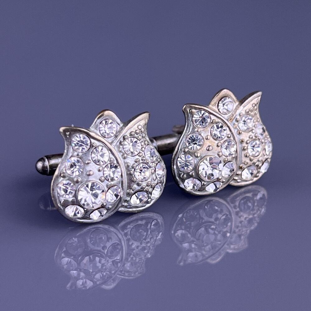 Tulip White Rhinestone Cufflinks Silver Tone Crystal Flower Flashy Vintage
